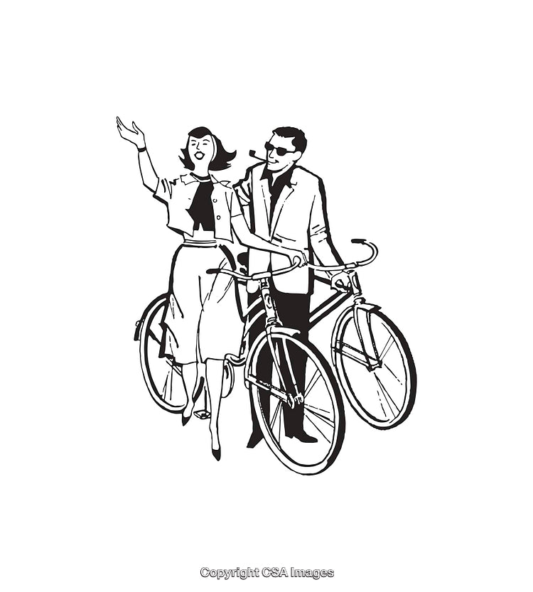 Vintage Line Art Illustration of a Couple Strolling With Bicycles