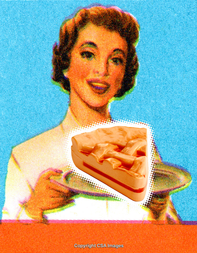 Colorful Retro Style of a Woman Presenting Pie with Artistic Flair