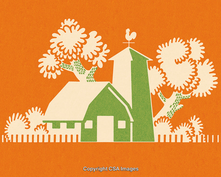 Retro Farmhouse Illustration on Orange Background with Tree and Fence Detail