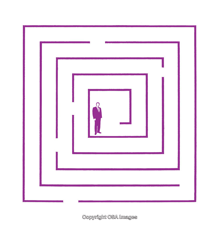 Businessman Standing at the Center of a Purple Circular Maze Diagram