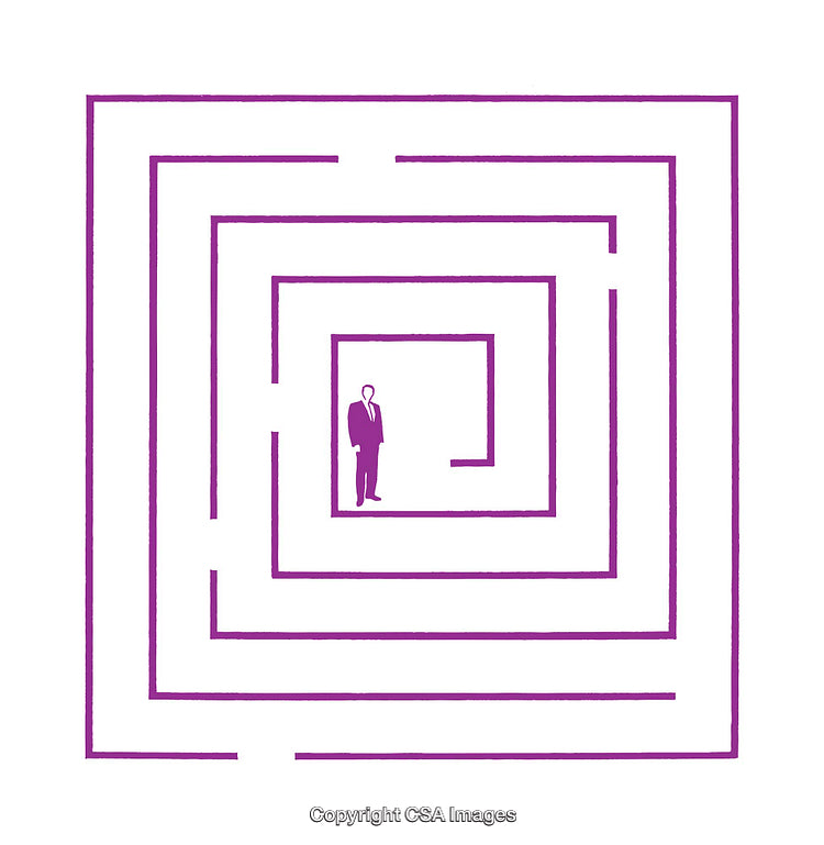 Businessman Standing at the Center of a Purple Circular Maze Diagram