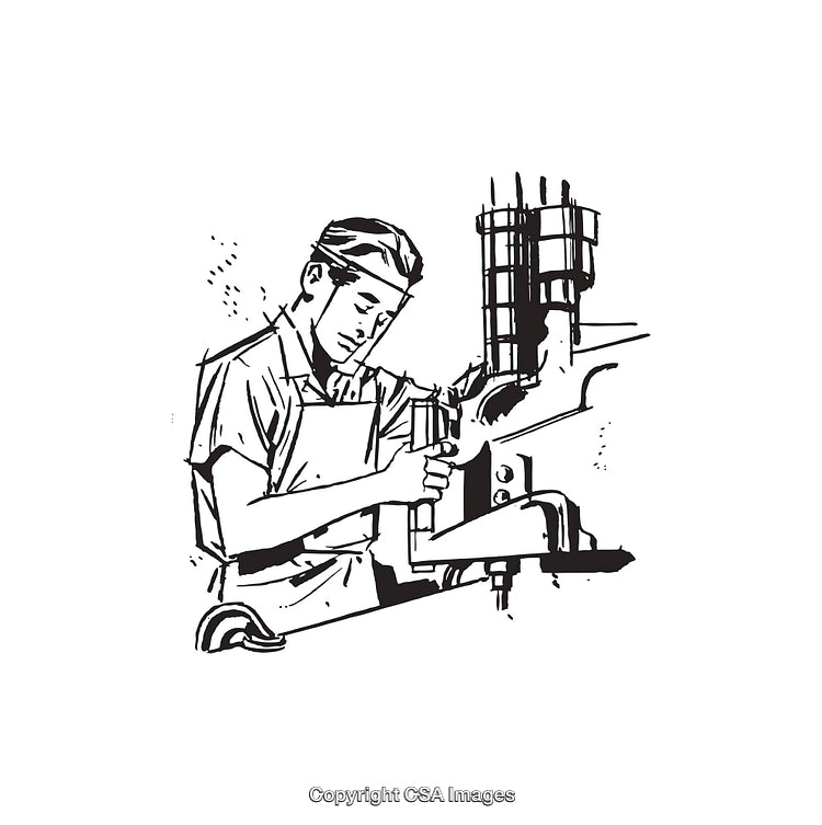 Black and White Line Art Illustration of a Metalworker Operating Equipment