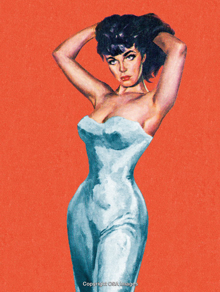 Vintage Illustration of Stylish Woman Posing in Elegant Outfit with Orange Background