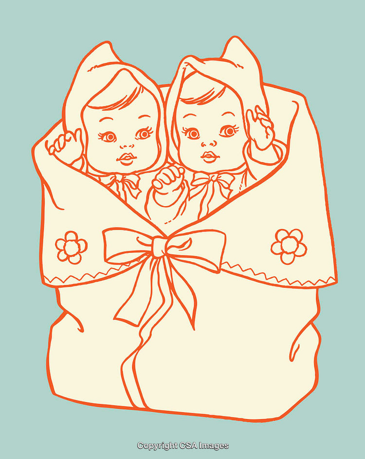Charming Line Art Illustration of Twin Babies Wrapped in a Blanket