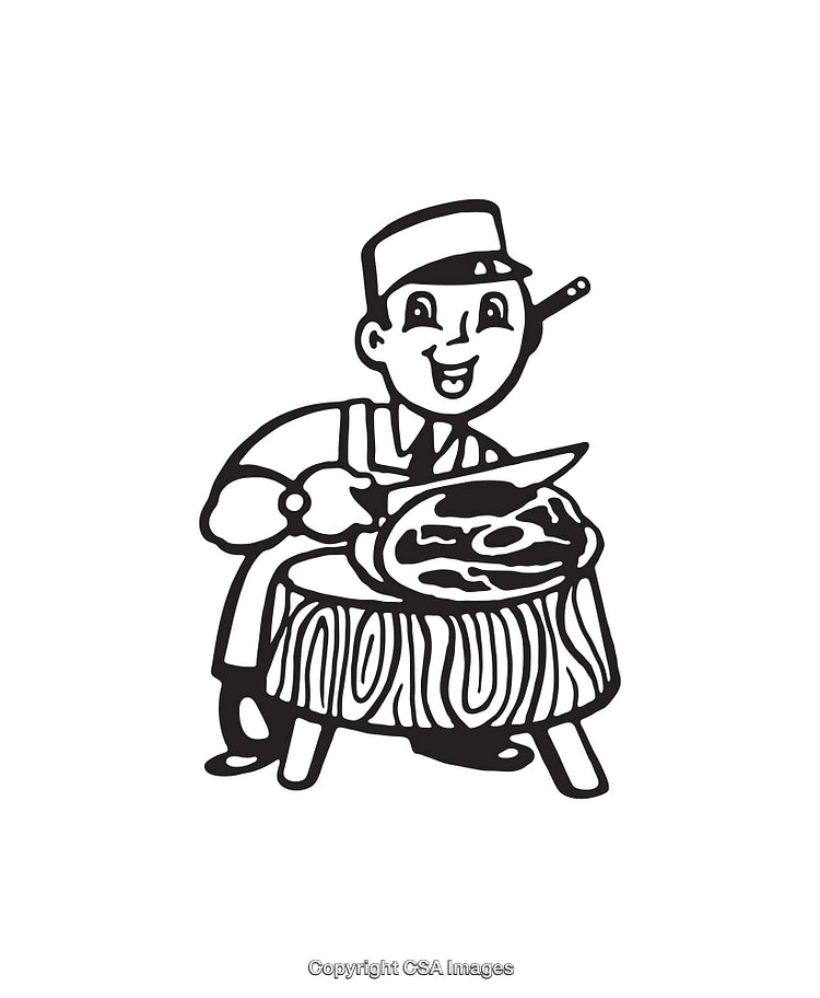 Vintage Black And White Illustration of a Smiling Butcher at Work