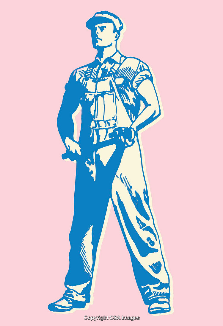 Vintage Style Illustration of Worker in Blue and Pink Tones