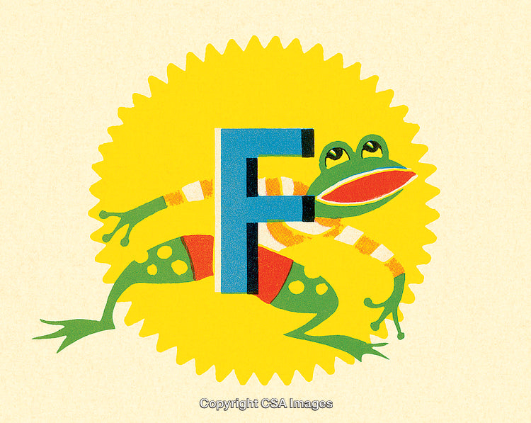 Vibrant Retro Frog Illustration Featuring the Letter F
