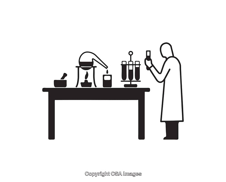 Scientist Conducting Experiment with Chemistry Lab Equipment in Black and White Icon