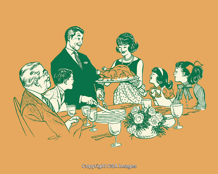 Vintage Style Family Dinner Illustration Depicting Holiday Meal Celebration