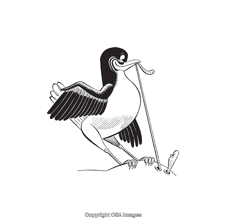 Black and White Illustration of a Bird Catching a Worm