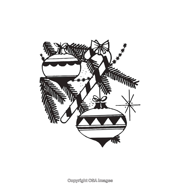 Black and White Line Art of Christmas Decorations with Ornaments and Candy Canes