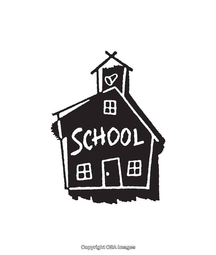 Black And White Illustration of a Classic Schoolhouse With Heart Detail