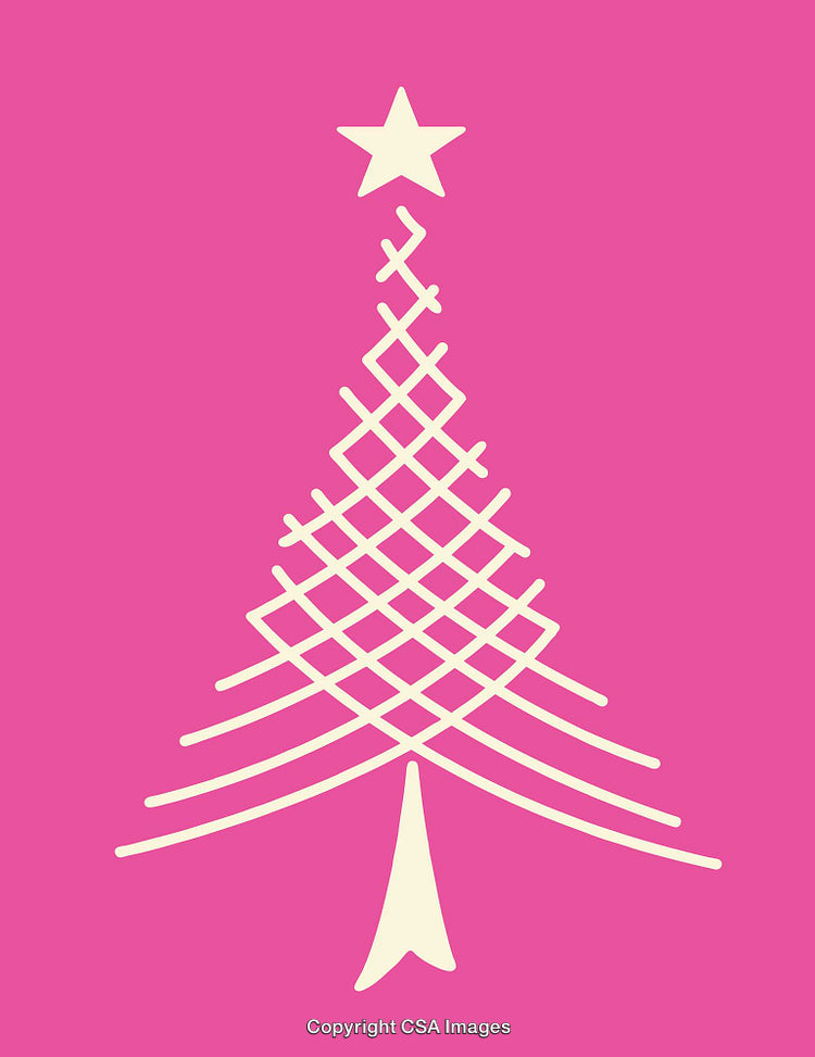 Abstract Line Art Illustration of Christmas Tree with Star on Pink Background