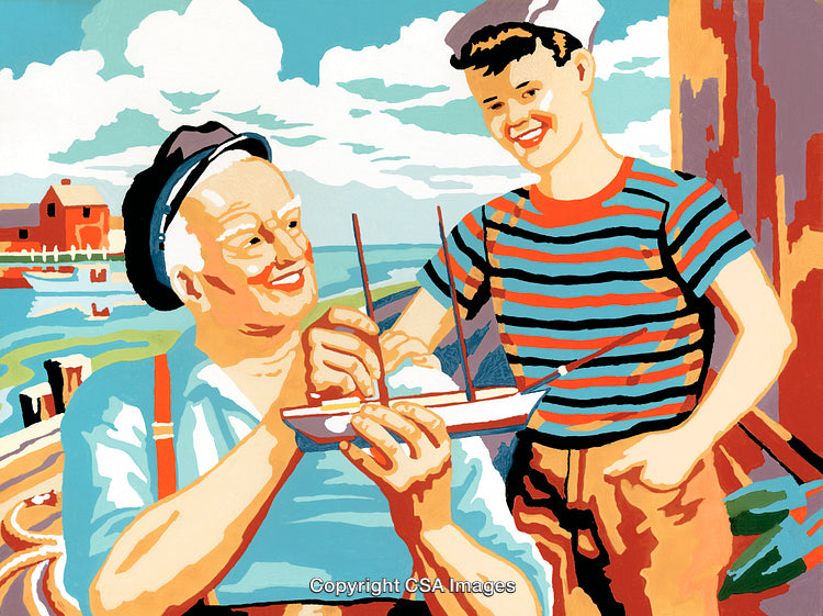 Grandparent Bonding Through Craft With Grandchild at Seaside Dock Setting