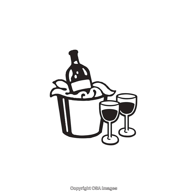 Line Art Illustration of Wine Bottle and Glasses on Ice Bucket