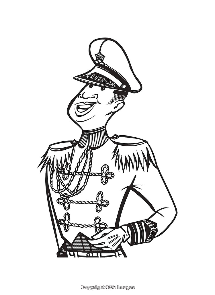 Black and White Line Art Illustration of a Proud Military Officer