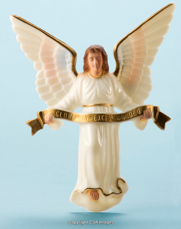 Plastic Angel Figurine with Golden Scroll on Blue Background