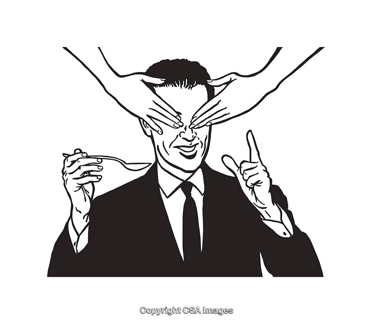 Black and White Line Art of Playful Hands Covering Man’s Eyes