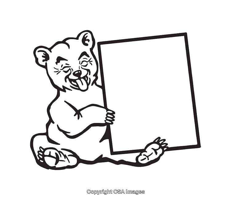Cute Bear Line Art Illustration Holding a Blank Signboard