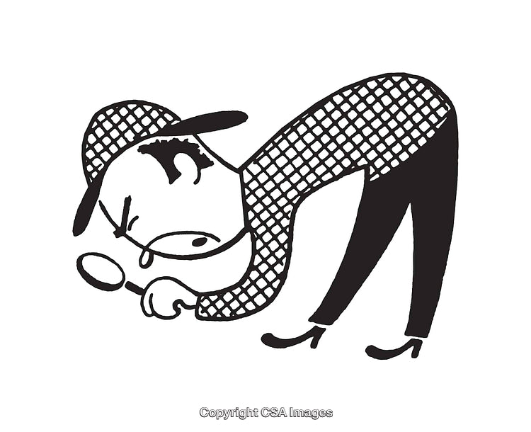 Detective Examining Clue with Magnifying Glass, Black and White Illustration