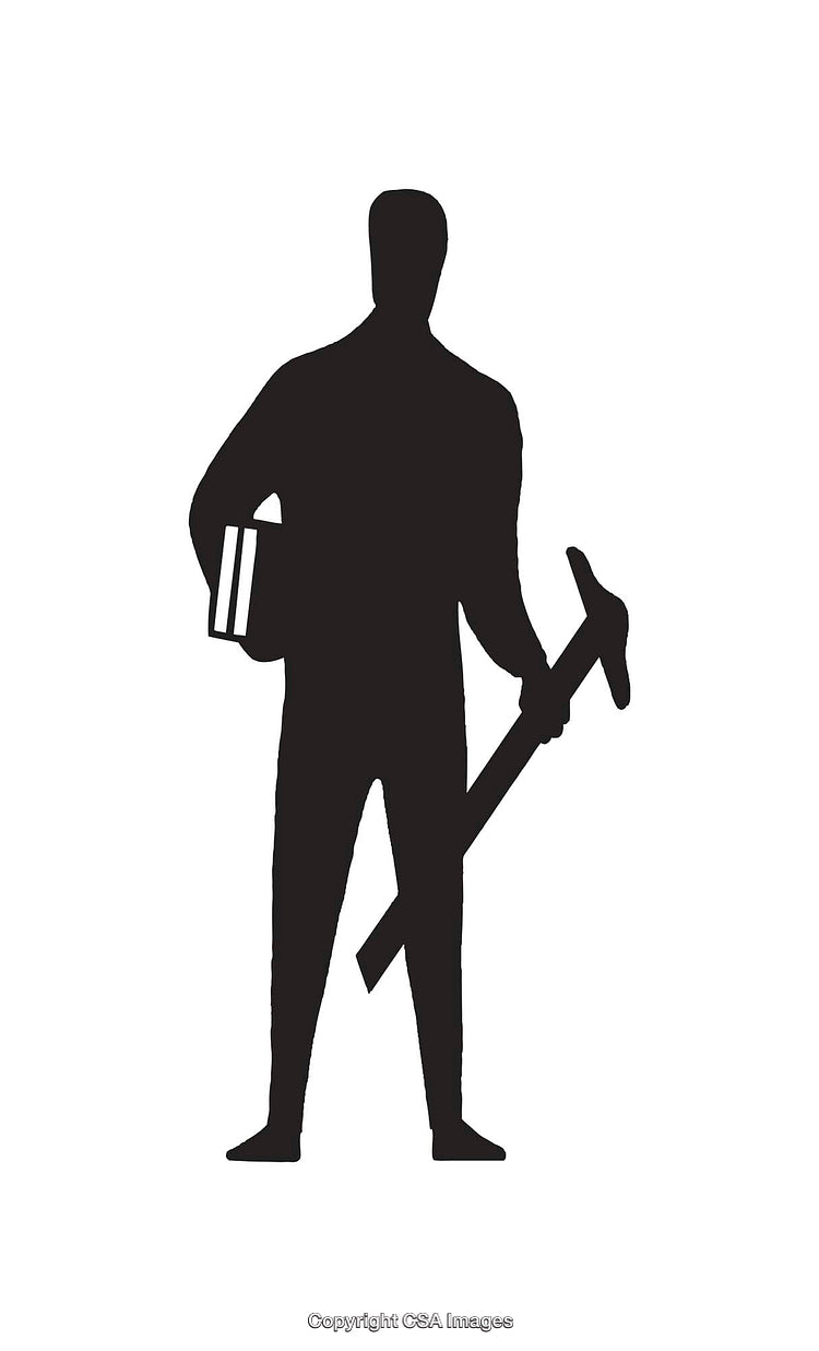Silhouette of a Worker Carrying Tools and Books in Black and White