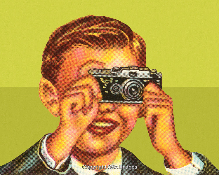 Retro Illustration of a Smiling Boy Holding a Vintage Camera