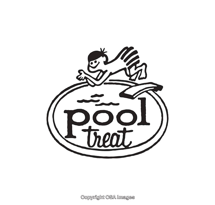 Hand-Drawn Line Art of Diving Character with Pool Text Elements