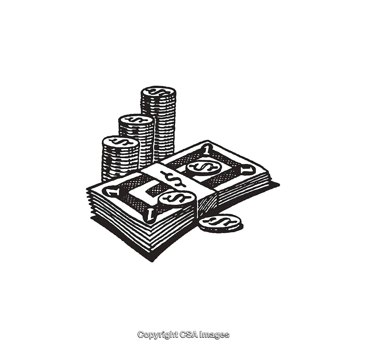 Black and White Line Drawing of Money and Coins in a Stack