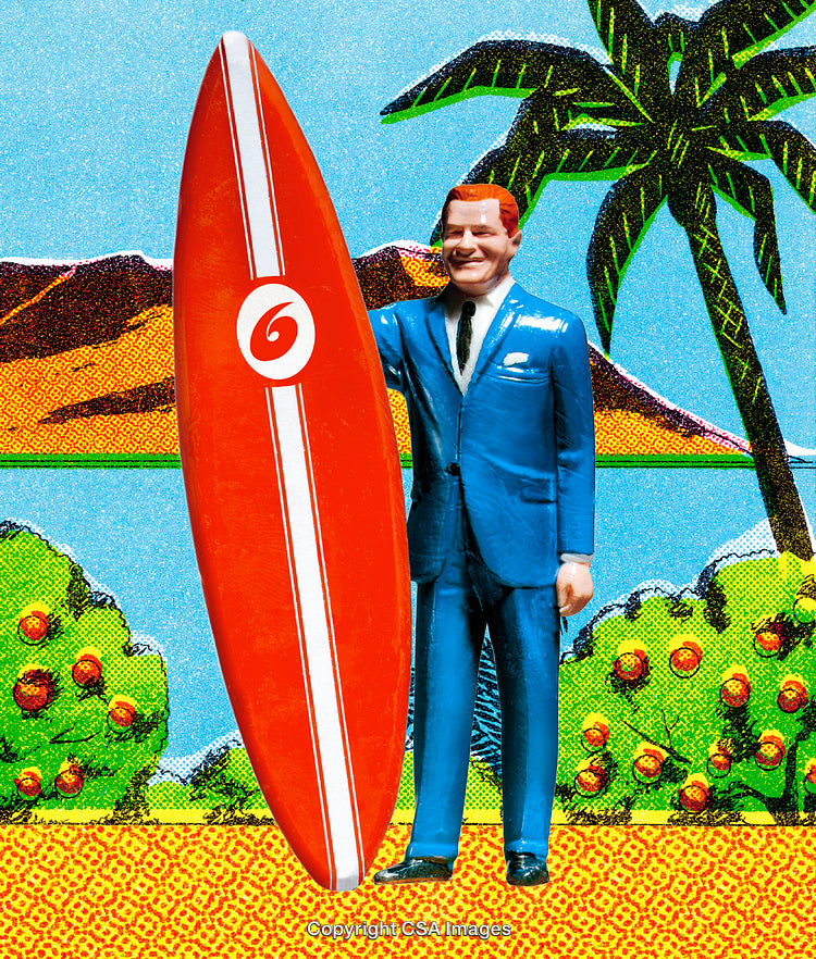 Plastic Figurine in Blue Suit with Surfboard in Vibrant Summer Scene