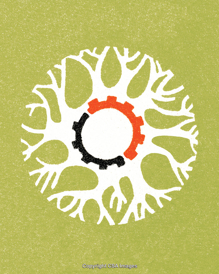 Abstract Illustrated Network with Gears and Organic Connections on Green Background