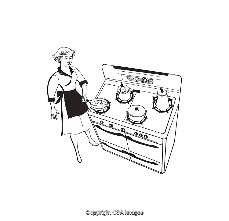 Vintage Line Art Illustration of a Homemaker in a Kitchen Scene