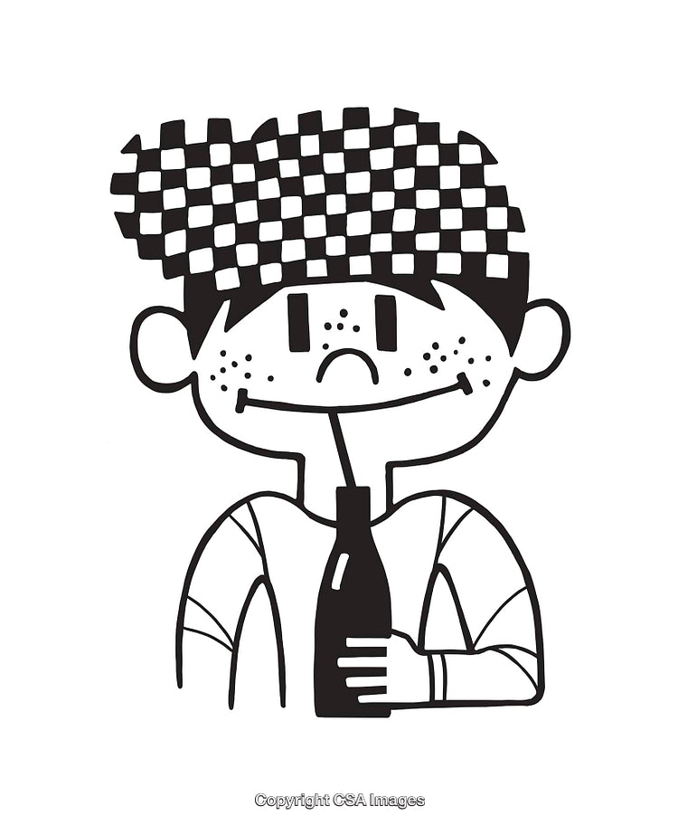 Freckled Cartoon Character Drinking From a Bottle in Monochrome Art