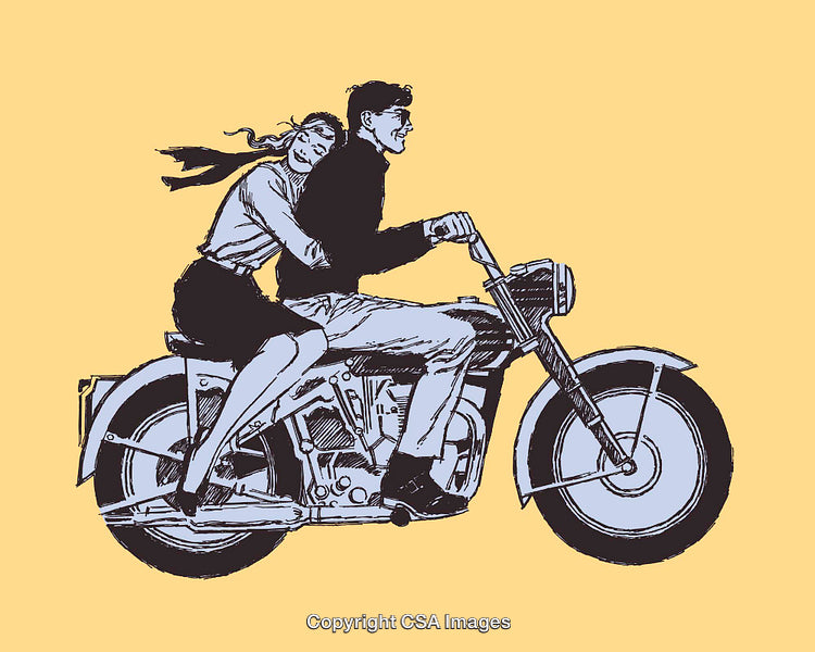 Vintage Illustration of a Couple Riding a Classic Motorcycle Together