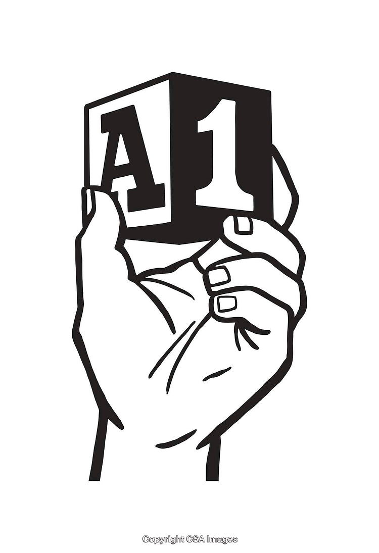Black and White Line Art of Hand Holding a Letter Cube
