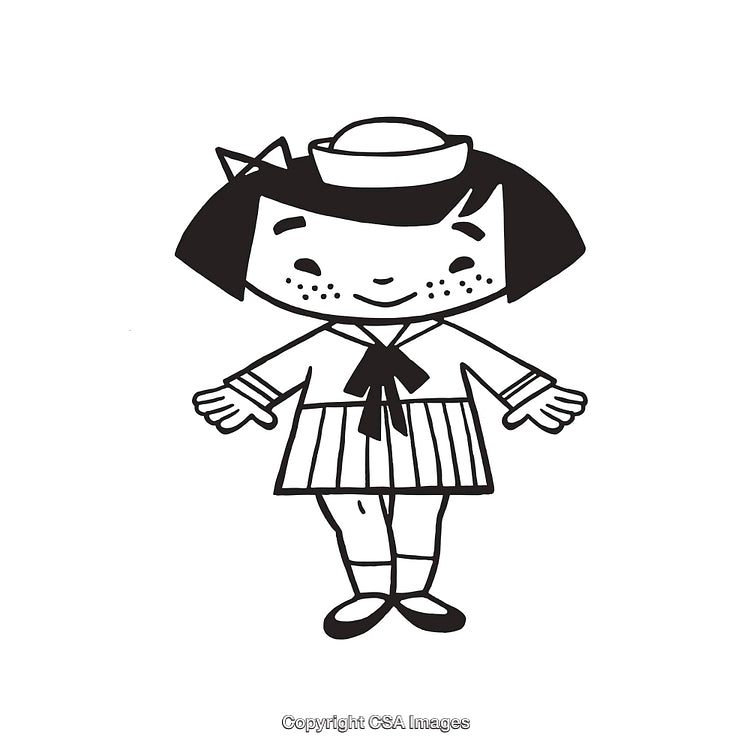 Cute Cartoon Girl in Sailor Outfit Line Art Illustration