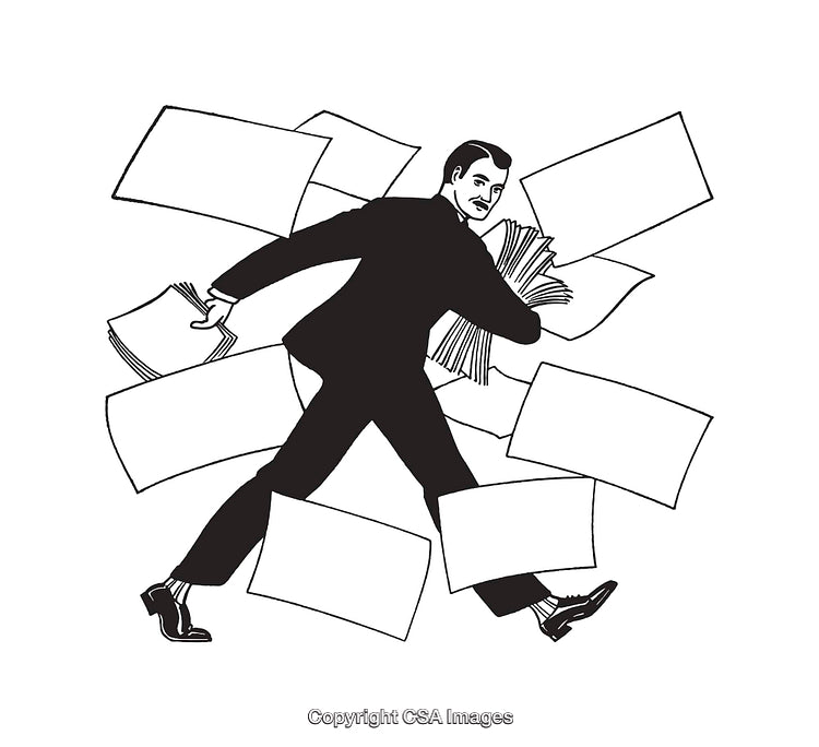 Black and White Illustration of a Busy Businessman with Papers Flying Around