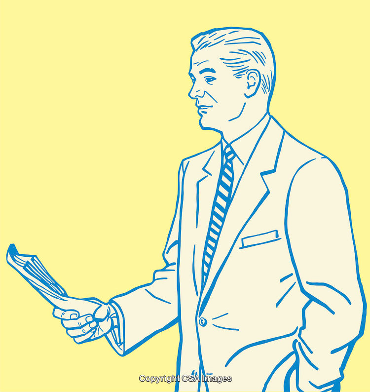 Vintage Line Artwork of a Man Holding a Newspaper and Dressed in a Suit