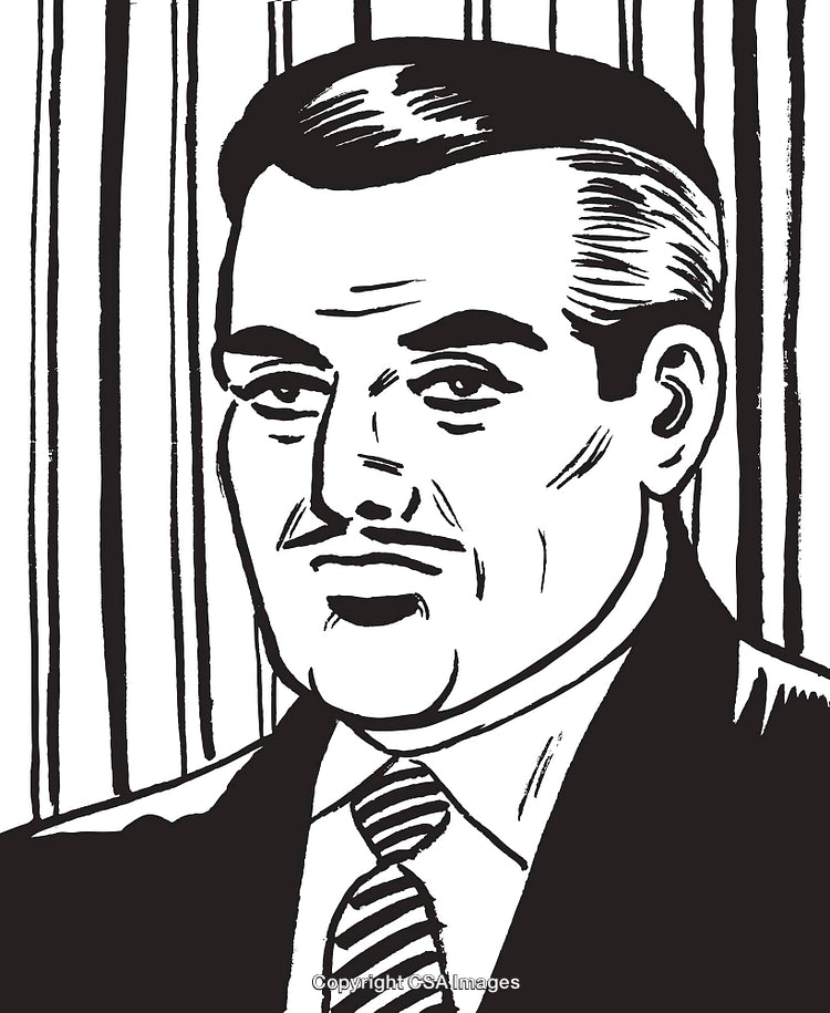 Vintage Black and White Drawing of a Well-Dressed Gentleman with Mustache