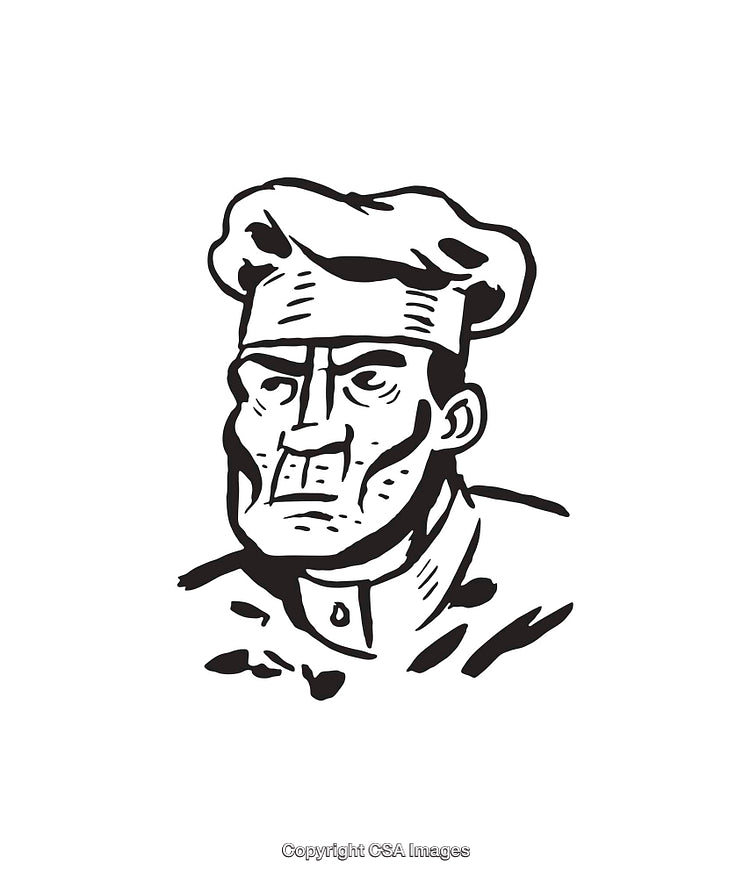 Black and White Line Art of a Chef in Traditional Hat and Attire