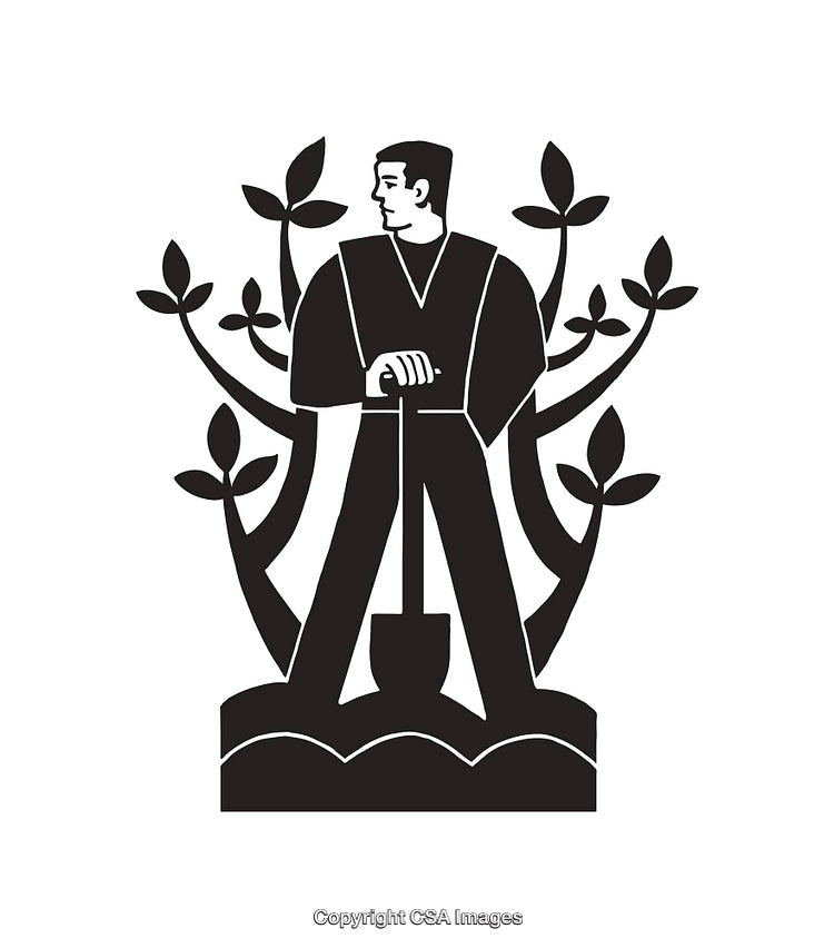 Black and White Farmer Illustration with Plants and Tools