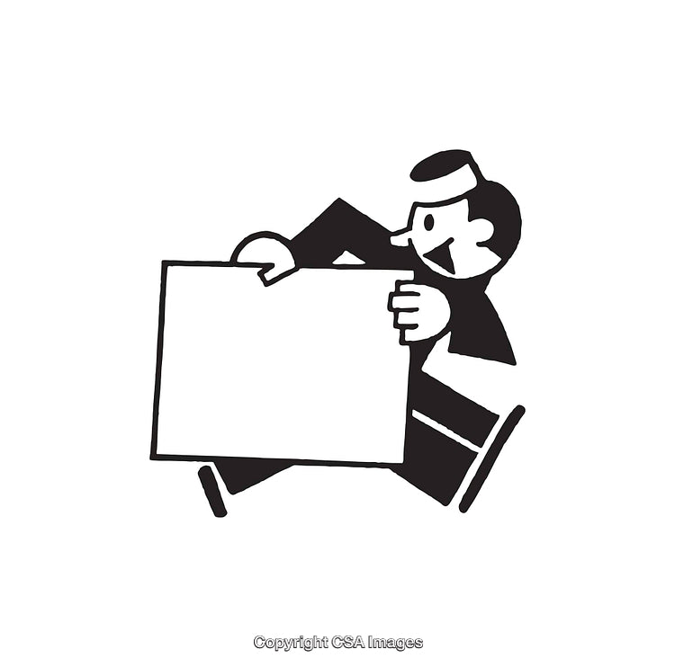 Retro Black and White Character Holding Blank Sign