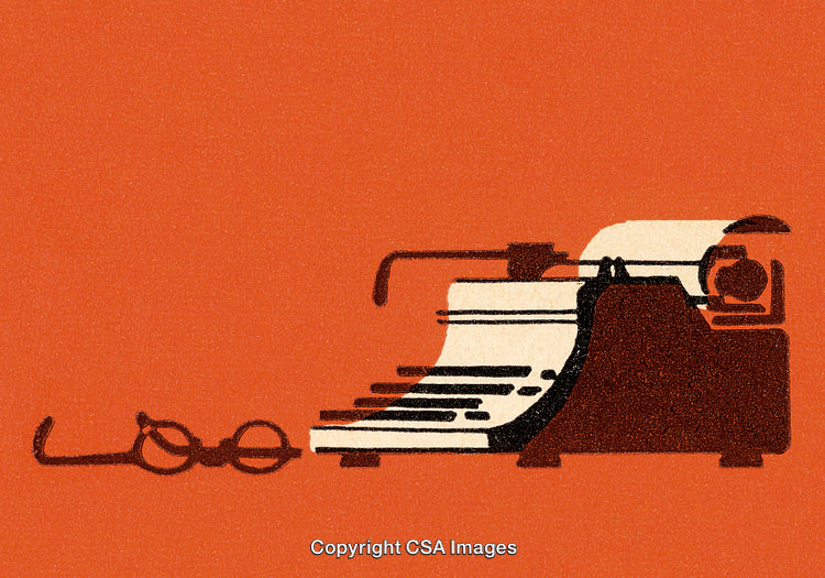 Vintage Typewriter Illustration with Glasses on Minimalist Orange Background