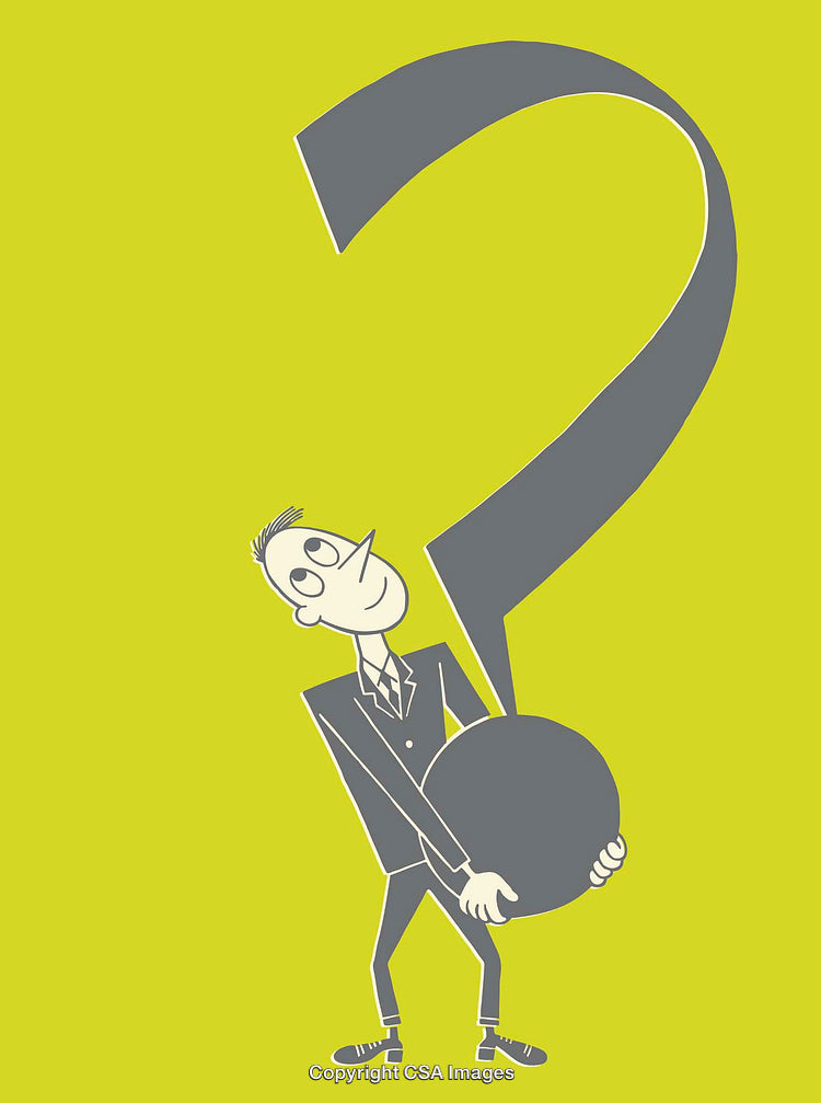Cartoon Character Holding Oversized Question Mark on Bright Background