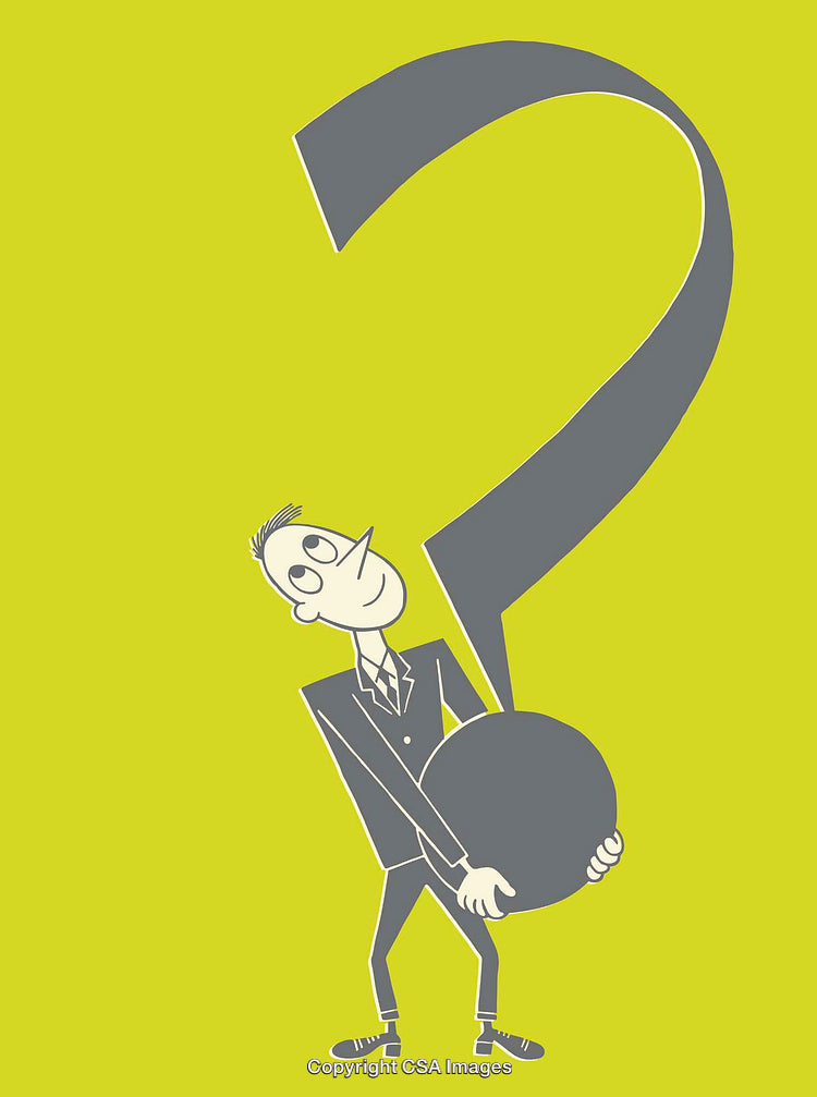 Cartoon Character Holding Oversized Question Mark on Bright Background