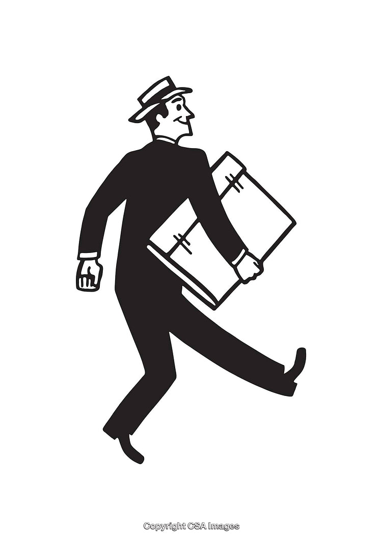 Retro Businessman Carrying Large Parcel in Black and White Line Art