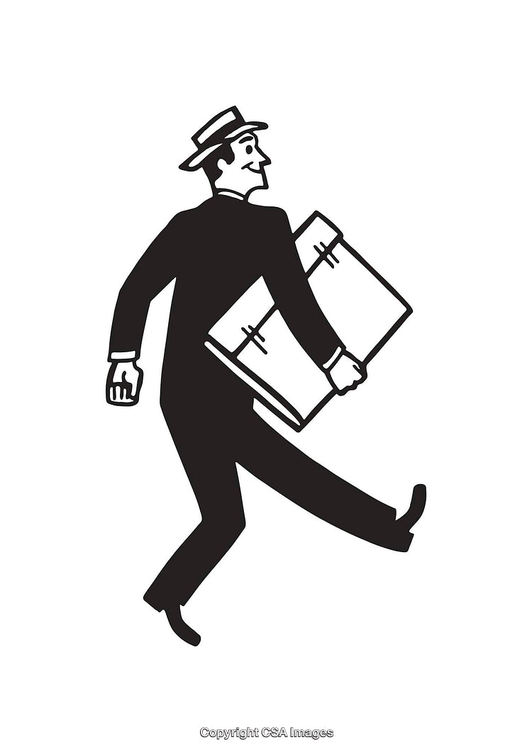 Retro Businessman Carrying Large Parcel in Black and White Line Art