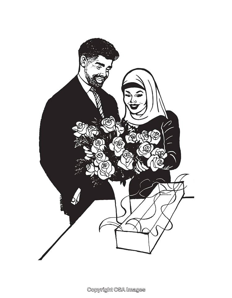Black and White Illustration of a Couple with a Bouquet of Flowers