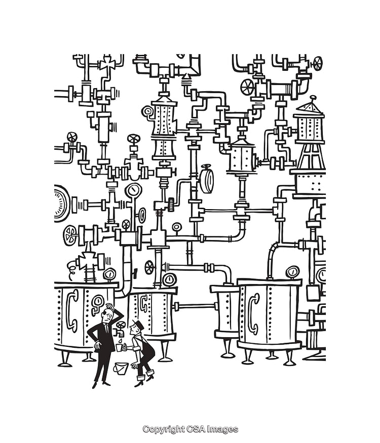 Intricate Industrial Line Art Illustration with Detailed Machinery and Pipes