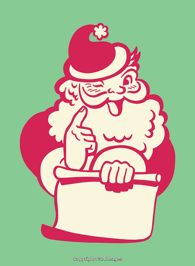 Vintage Santa Claus Illustration with a Scroll on a Green Background