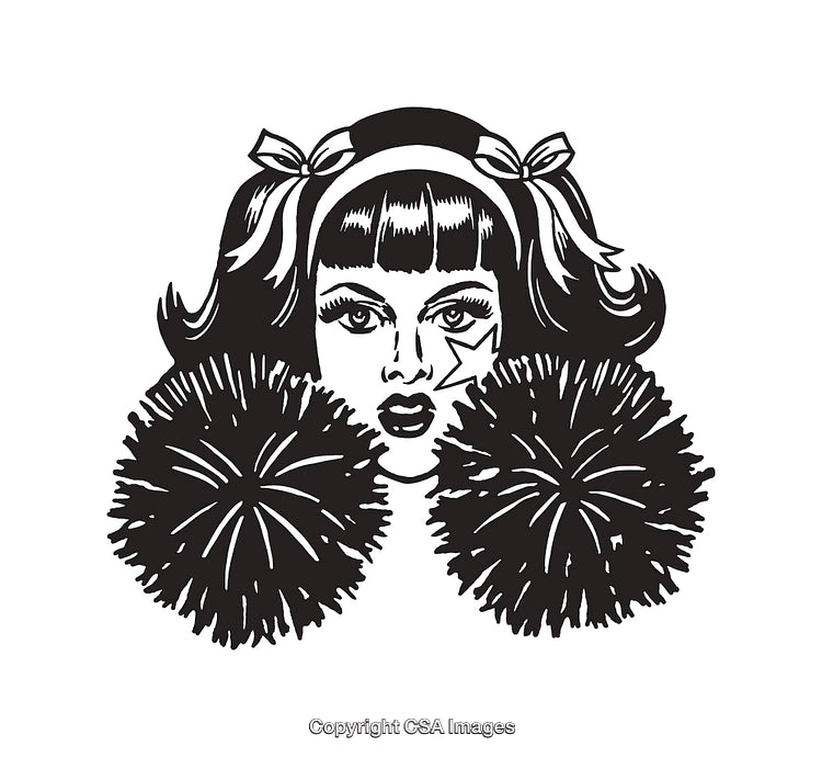 Black and White Illustration of a Cheerleader with Pom-Poms